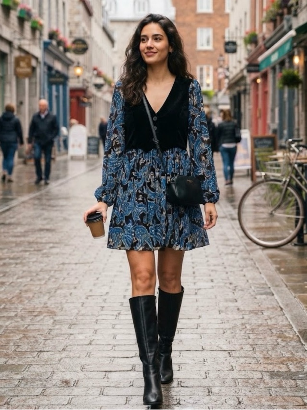Zara Black Velvet Bodice Blue Paisley Long Sleeve Dress